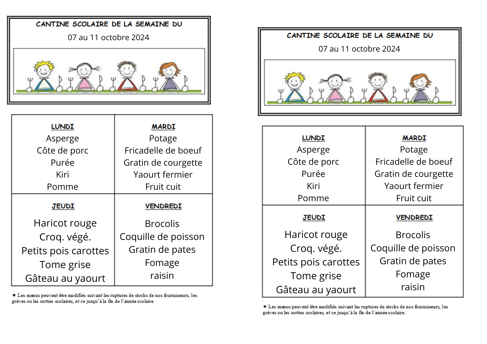 Menu de 07 au 11 octobre