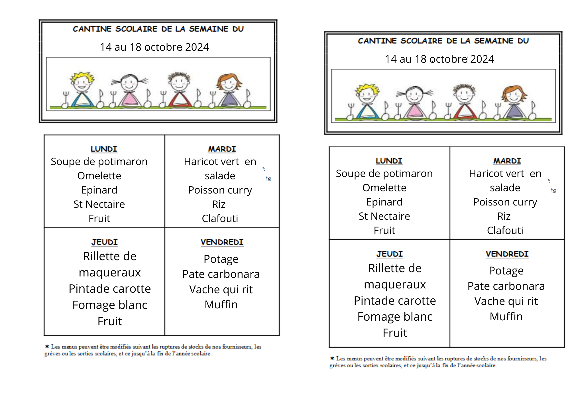 Menu du 14 au 18 octobre